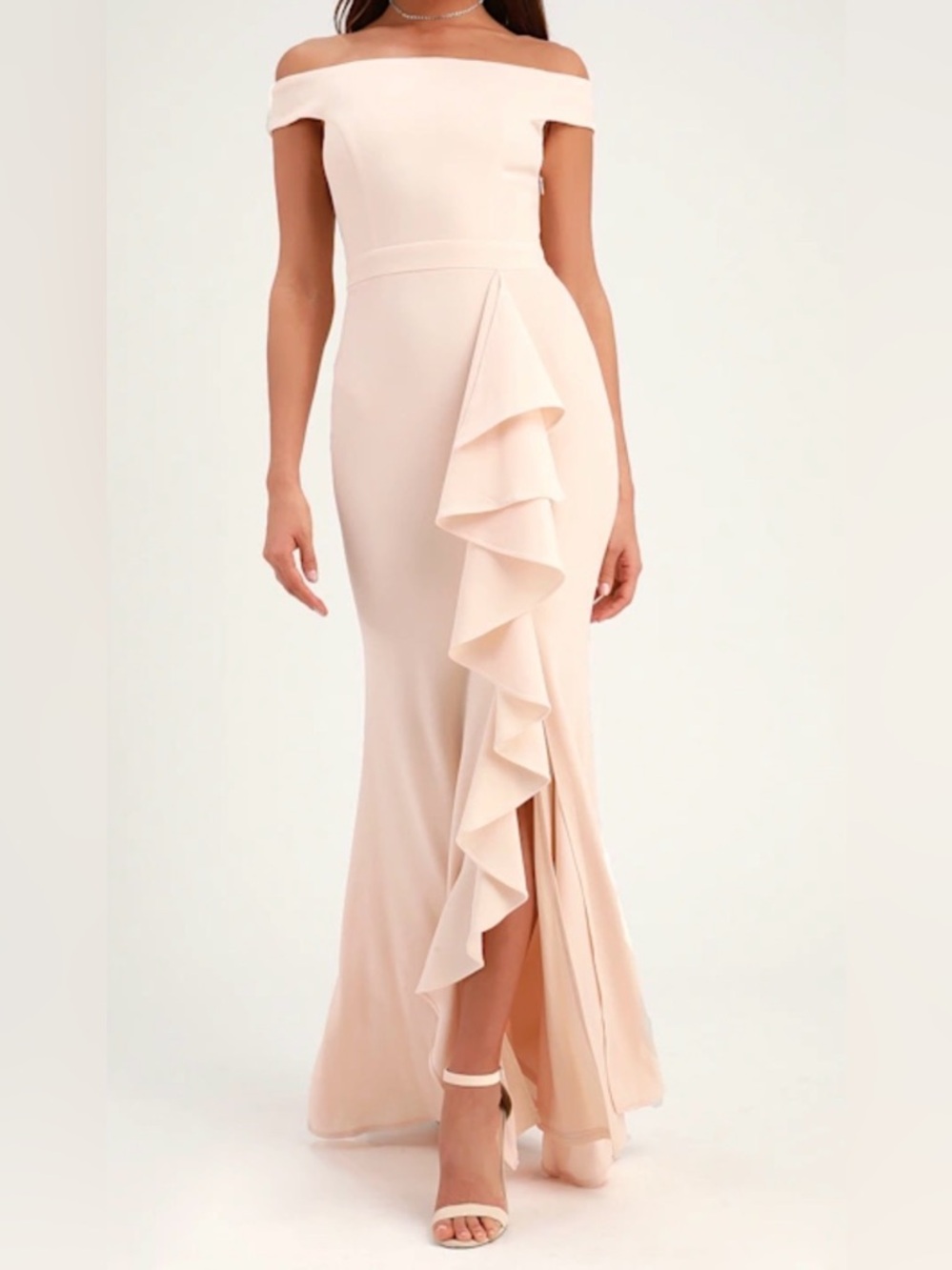 Off-Shoulder Blush Pink Ruffle Dress